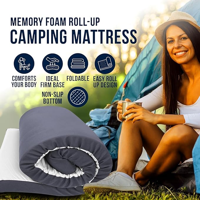 Foamma 4 x 26 x 72 Memory Foam Roll-Up Camping Mattress with Water Resistant Zipper Cover Foldable and Portable for Camping RV Bunk Tent Guest Bed Outdoor and Dorm CertiPUR-US Certified Foam