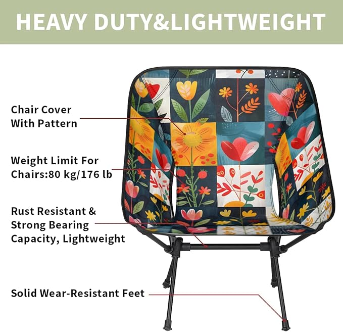 Honeybaby Folding Camping Chair Flowers Floral Plaids Camping Chairs Lightweight Portable Chair Outdoor Foldable Chairs for Camping Travel Picnic Beach Hiking