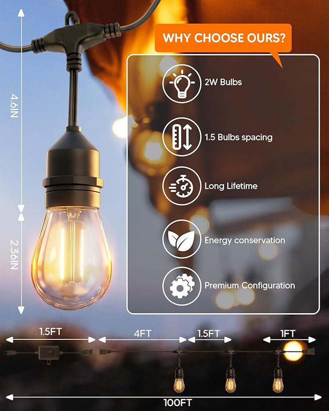 100FT S14 Outdoor String Lights 64+4 Shatterproof Bulbs 2W 1.5FT Spacing IP65 Waterproof| Dimmable with Remote Heavy-Duty Include Screw &amp Zip Ties for Patio Backyard Holiday Outside