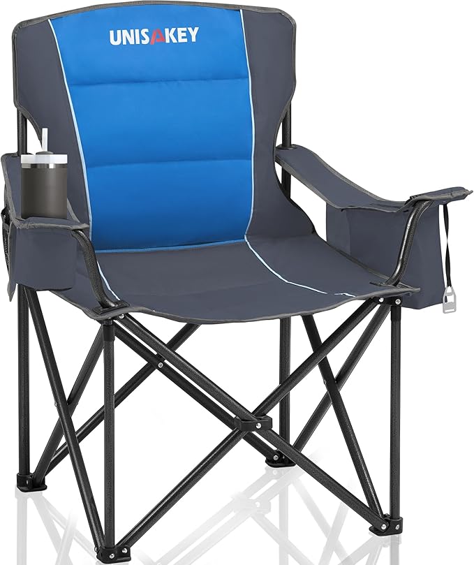 Oversized Folding Camping Chair for Adults - 450lbs Support - Heavy Duty Portable Lawn Chairs with Side Pocket Cup Holder Cooler Bag for Sports Garden Beach Fishing Blue