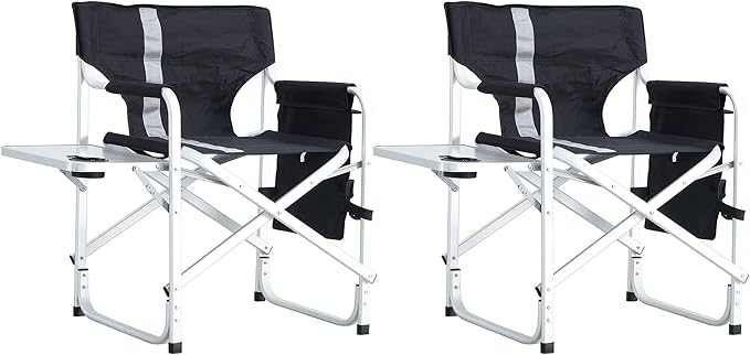 2 Pcs Padded Folding Outdoor Chair with Side Table and Storage PocketsLightweight Oversized Directors Chair for Indoor Outdoor Camping Picnics and FishingBlackGrey