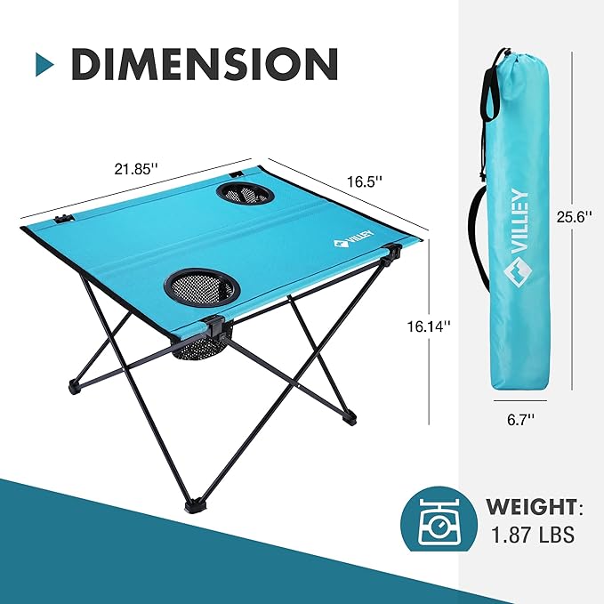 VILLEY Folding Camping Table Lightweight Portable Beach Table with 2 Cup Holders &amp Carry Bag for Camping Beach Fishing Travel and Outdoor Activities (Small)