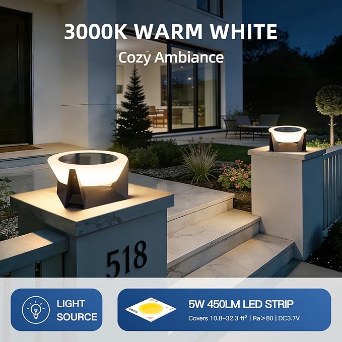 Solar Post Lights 11.02 Pillar Light Outdoor Waterproof 3000K Column Lights Solar Powered Lamp Post Lighting Modern Column Lamps Dusk to Dawn Lantern for Patio Fence Deck Garden Posts