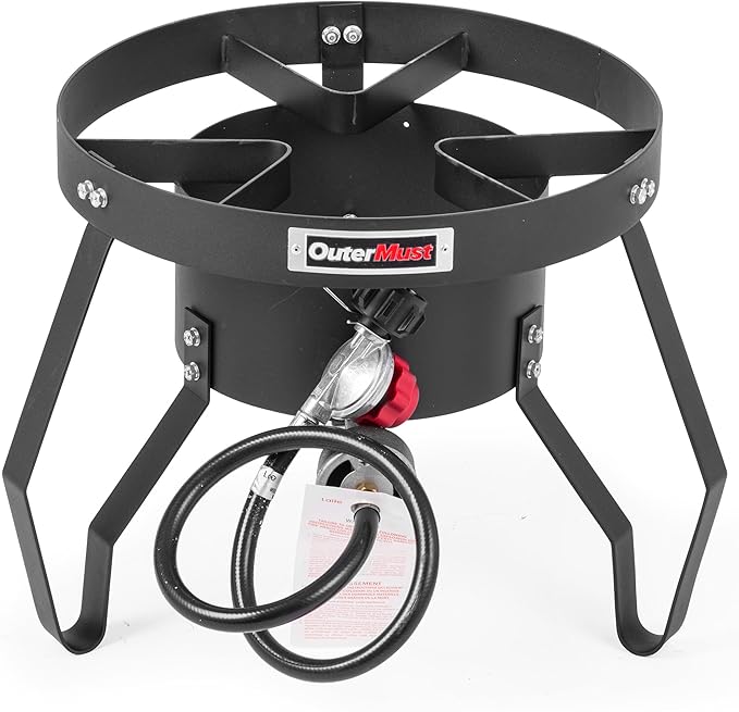 85000 BTU Camping Stove for Cast Iron Dutch OvenSingle Propane Burner with 10 PSI Regulator &amp Cast Iron Braided Holes Heavy Duty Round Gas Stove for Outdoor Cooking &amp Camping