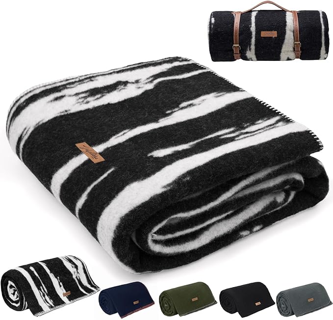 100% Wool Blanket 48 x 62 Warm Thick Washable Military Wool Blanket Great for Camping Outdoors Sporting Events Survival KitsBlack White Striped