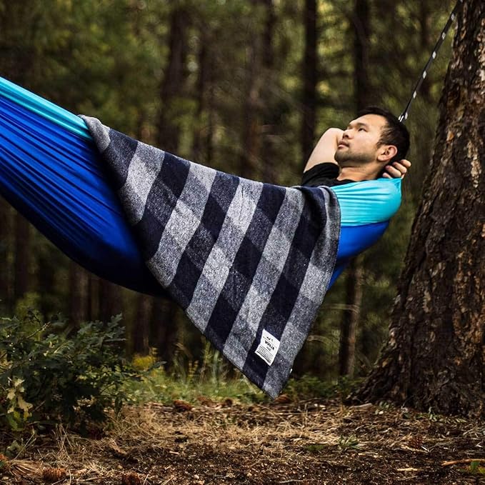 Camp Throw Blanket - 80% Recycled Wool - Buffalo Plaid - Warm Throw Blanket - Thick - Washable - 62W x 80L - Gray and Blue Plaid