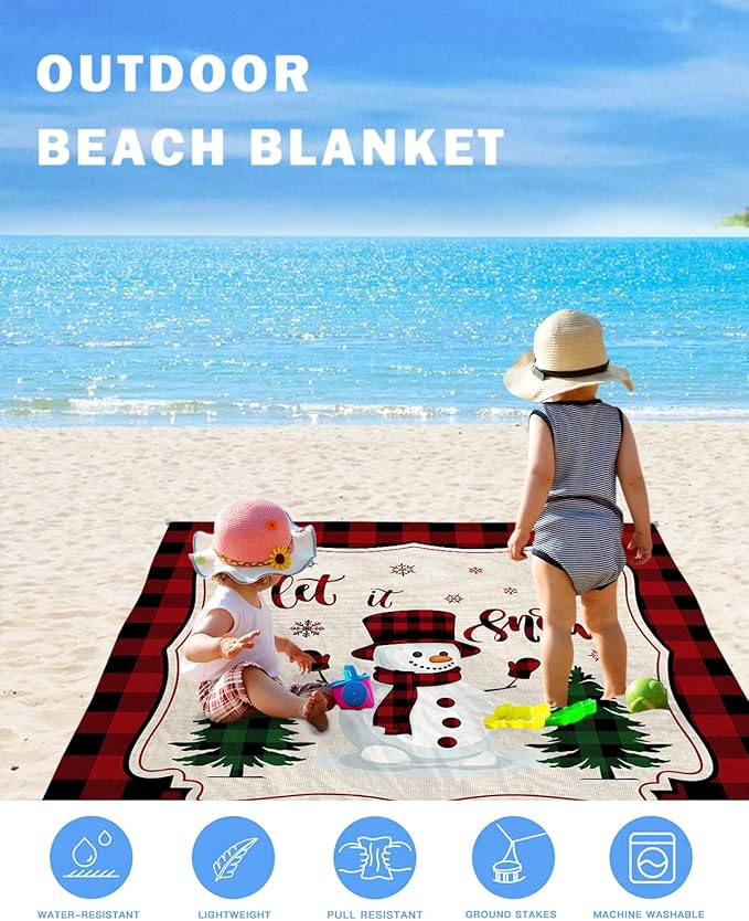 Beach Blanket Waterproof Sandproof OversizedCute Snowman with Scarf Hat Christmas Tree Beach Mat with Corner Stakes Sand PocketsWinter Snowflake Red Buffalo Plaid Picnic Mat for Travel 95x80In