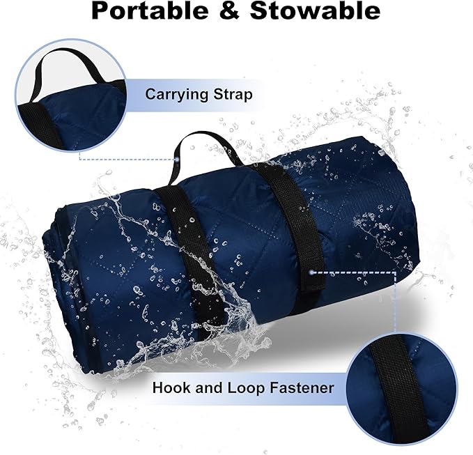 Waterproof Outdoor Blanket 92”X 60” Packable Stadium Blankets for Camping with Quilted Fleece Lining Large Windproof Emergency Throw Mat for Garss Picnic Hiking Road Trip Machine Washable Navy