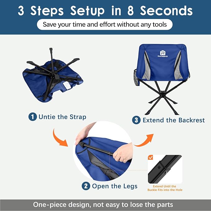 Portable Camping Chair 2 Pack 8 Seconds Quick Setup Folding Camping Chair Flexible 360° Rotation 3.8Lb Lightweight Travel Chairs for Easy Carry to Hiking Sporting Beach Blue