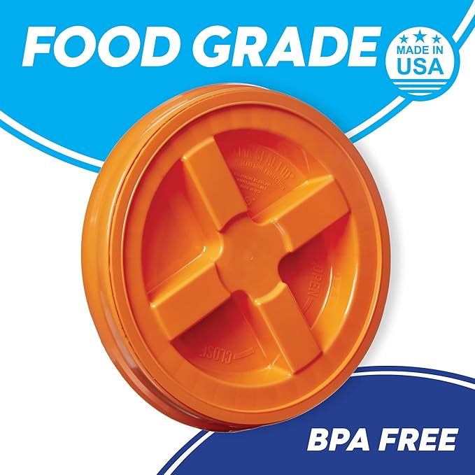 Gamma Seal Lids for 3.5 5 6 and 7 Gallon Buckets – Pack of 12 Orange Gamma Lids – Food Grade BPA Free Reusable Lids Made in USA