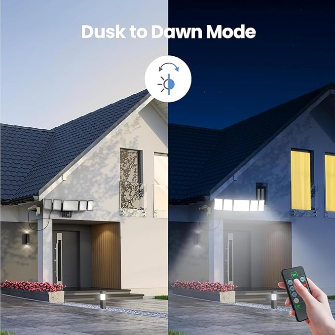 Olafus 120W Plug in Flood Lights Dusk to Dawn LED Outdoor Light with Remote 5 Adjustable Heads IP65 Waterproof LED Security Light with Photocell for Yard Garden Porch White