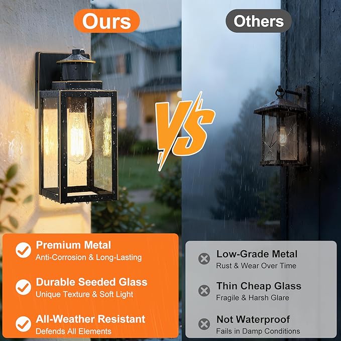 BesLowe 2-Pack Dusk to Dawn Outdoor Wall Lights Modern Porch Lights Outdoor Sconces with Seeded Glass Exterior Lighting Fixtures Outside Lights for House Front Door Garage Black with Gold Trim