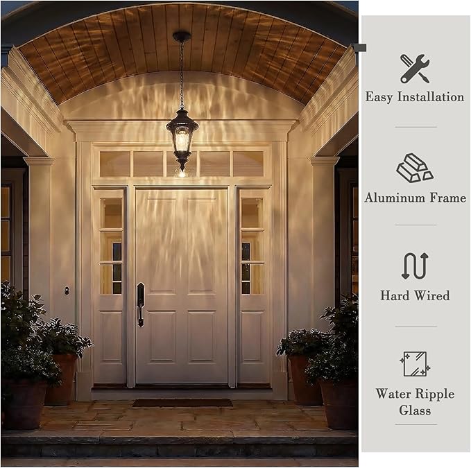 Emliviar 21.3 Modern Hanging Porch Light with Adjustable Chain Water Ripple Glass Outside Hanging Lighting in Oil Rubbed Bronze Finish XE265H-M ORB-SW