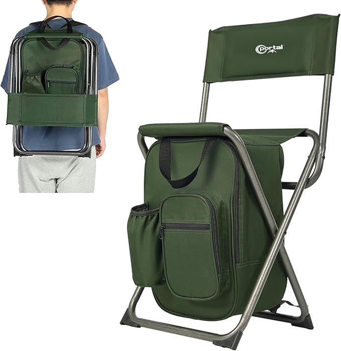Portal Backpack Cooler Chair Fishing Chairs with Backrest Folding Camping Stool Compact for Outdoors Hiking Hunting Travel Supports 225 lbs Capacity