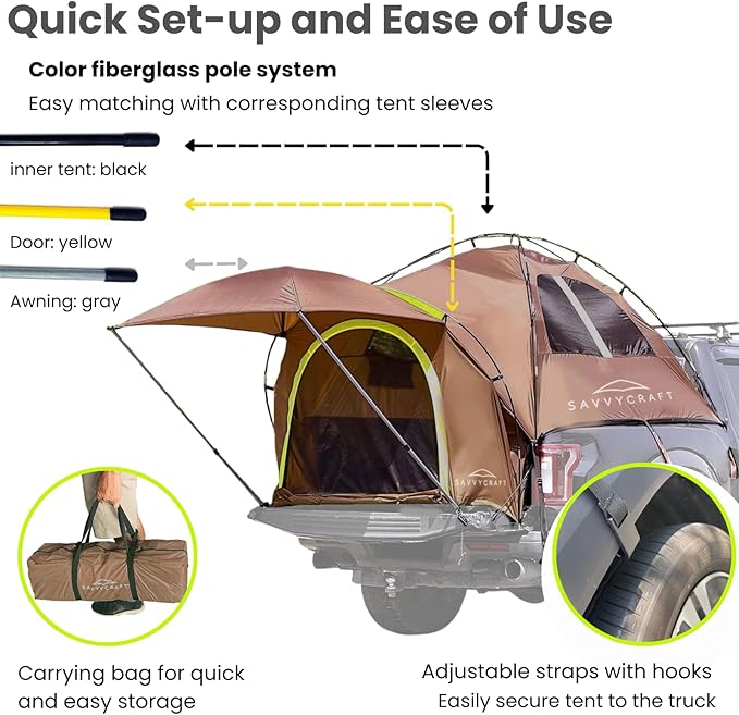 Savvycraft Pickup Truck Tent for Full Size and Mid Size Truck Short Bed and Long Bed Waterproof P3000mm 2-Person Double Layer Truck Bed Camping Tent Expandable Awning Rainfly Storage Bag Included