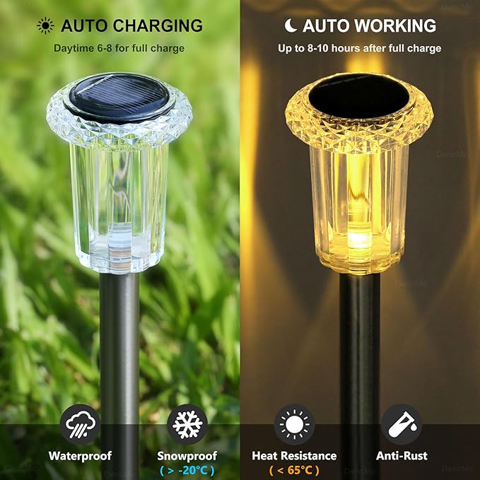 DenicMic Solar Lights Outdoor 10 Pack Waterproof 3000K Warm White LED Stainless Steel Stake Outside Lights for Yard Pathway Garden Driveway Walkway Landscape Path Lighting