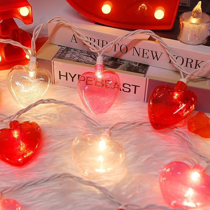 20 LED Valentine's Day Decorations Heart Lights 12Ft Heart String Lights Outdoor Waterproof with 20 LED Red Pink White Hearts Shaped with Glitter for Room Door Windows Fence Valentines Day Decor