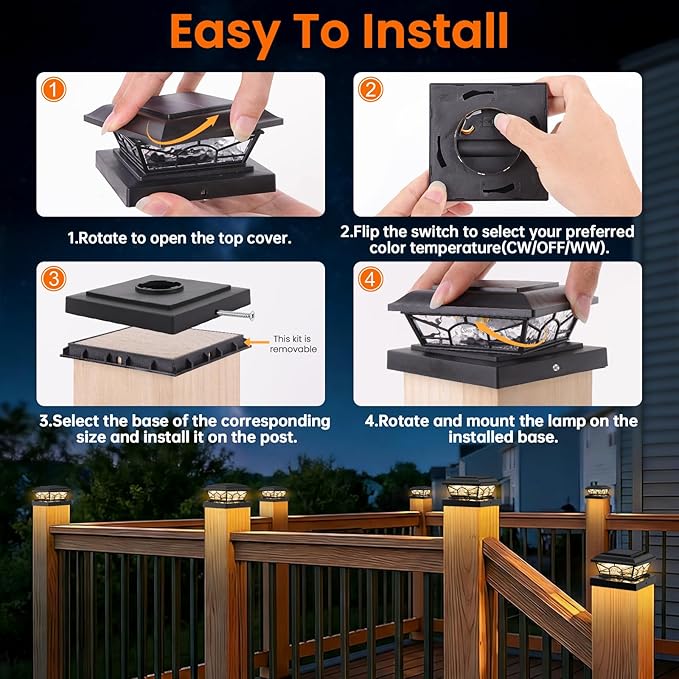 Brightever 4x4 Solar Post Cap Lights 12-Pack Solar Powered Fence Post Light Outdoor Waterproof for Vinyl/Wooden Post 2 Modes(Warm/Cool Light) Black Solar Deck Post Lights for Garden Patio Porch