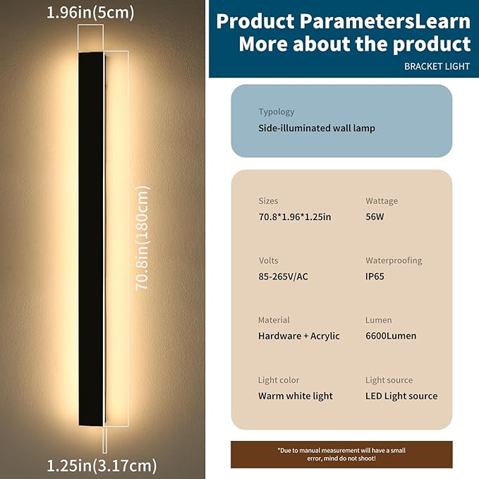 Modern Outdoor Wall Light 71inch LED Wall Sconce 3000K Warm White IP65 Waterproof Exterior Lighting AC 85-265V Black Aluminium Minimalist Long Wall Lamp for Patio Garage Yard