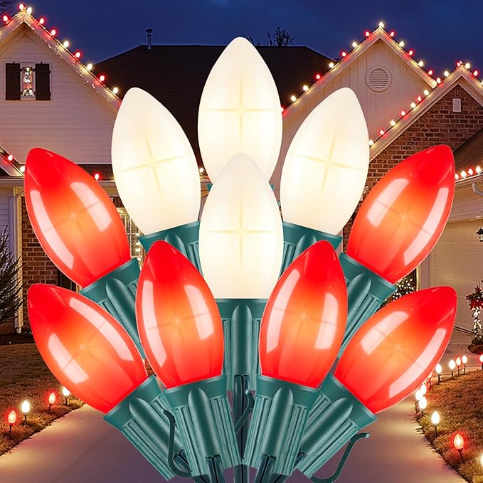 C9 LED Christmas Lights Outdoor 50 FT 50 Red and Warm White Connectable C9 String Lights for Christmas Tree Patio Roofline Garden Backyard Holiday Party Indoor Outdoor Decoration Green Wire