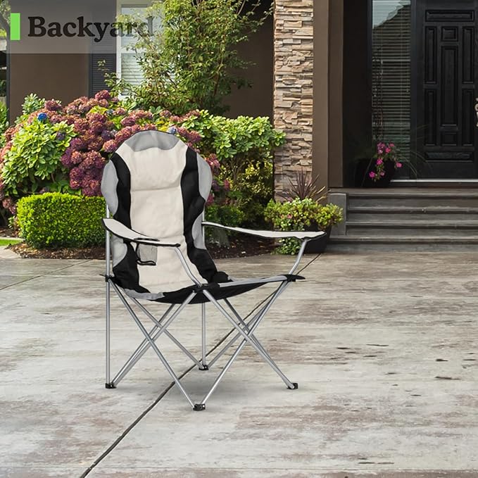 Portable Camping Chair with Back Support Folding Outdoor Padded Lawn Chair with Cup Holder Storage for Hiking Lawn Concert Fishing Iron Frame 600D Fabric