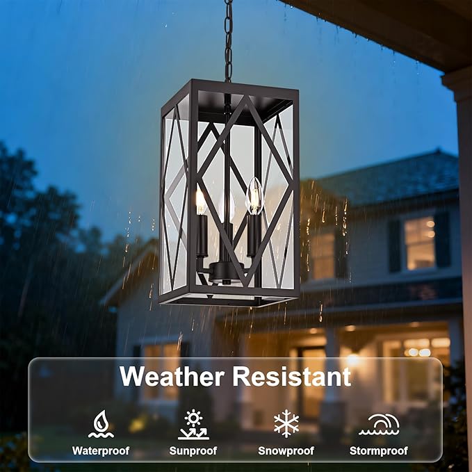 15.7'' Outdoor Pendant Lighting Fixtures 3-Light Outdoor Chandelier Oil Rubbed Bronze Exterior Hanging Porch Light Fixtures w/Glass Shade Outside Pendant Lantern for Front Porch Balcony Foyer