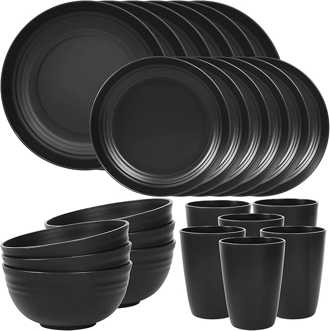 Quatish 24 Piece Plates and Bowls Sets for 6 Unbreakable Dinnerware Sets Plastic Dish Set for Camping Dishwasher Microwave Safe Outdoor Kitchen and Apartment Dinning RV Essentials Black