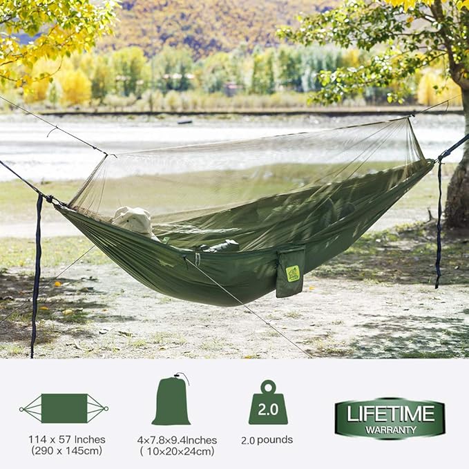 Miztli Camping Hammock with Net and Rain Fly Portable Lightweight Outdoor Hammock Tree Travel Backpacking Hammock Tent with 20Ft(Total) Tree Straps Perfect for Camping Hiking Yard Adventure Survival