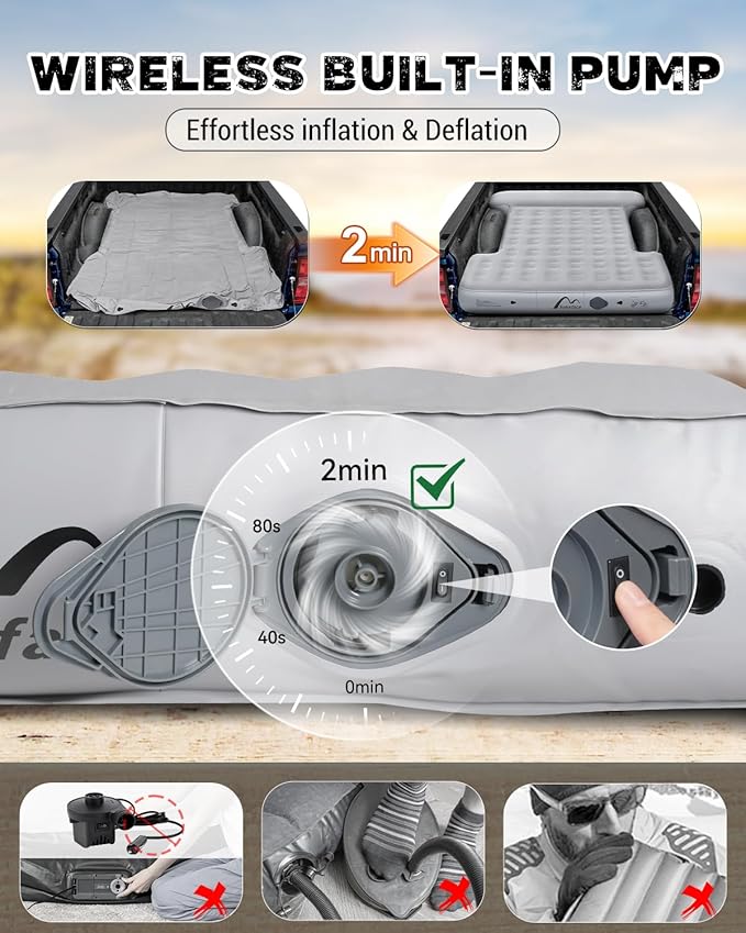 Heavy-Duty 5.5-5.8ft Truck Bed Air Mattress with Built-In Pump - Versatile Indoor &amp Outdoor Inflatable Truck Bed Mattress - Leak-Resistant mattress full size Extra Large Carry Bag for Camping