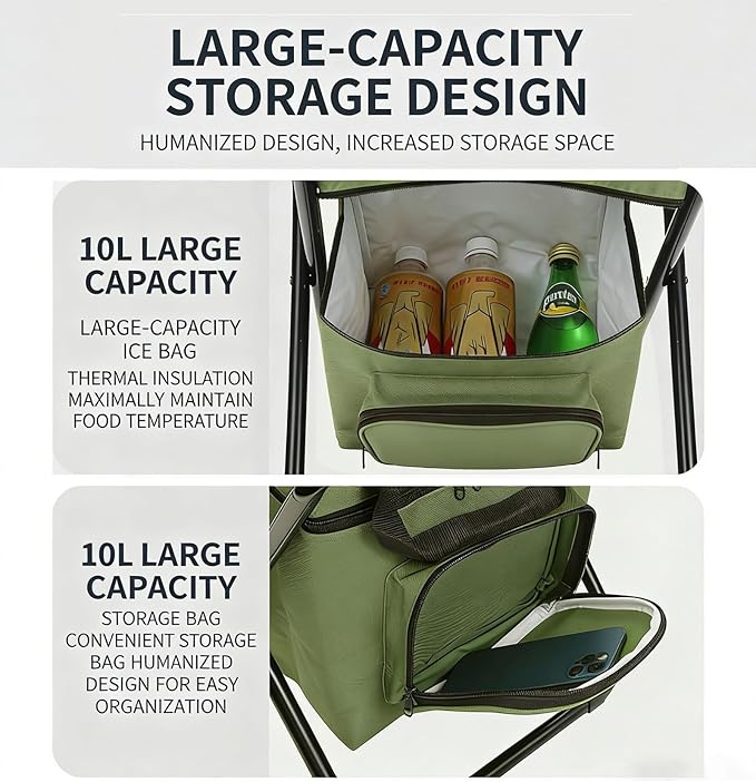 Foldable Fishing Chair with Cooler Bag Compact Fishing Stool Portable Backrest Stool with Backrest for Finishing Travel Camping Hunting Hiking (Olive Green)