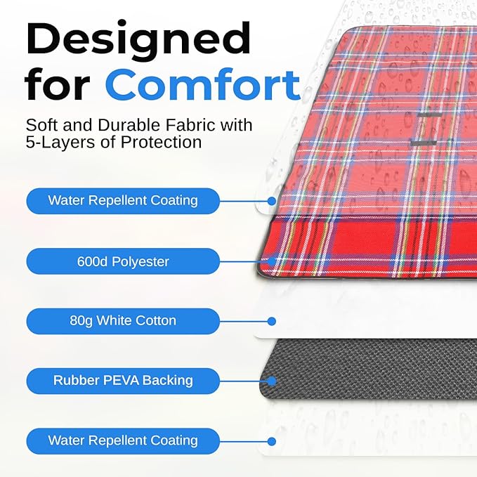 scuddles Extra Large Picnic Blanket – 59 x 53 Waterproof &amp Sandproof Outdoor Mat with Soft 3-Layer Comfort Foldable Design &amp Carry Strap for Beach Camping Travel Parks &amp Family Picni