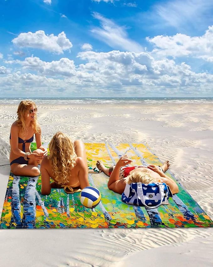 Modern Summer Plant Beach Blanket Waterproof Sandproof Country Oil Painting Birch Beach Mat Quick Drying Outdoor Picnic Mat 118 x 108 for 1-8 Adults Essentials for Travel Camping Hiking
