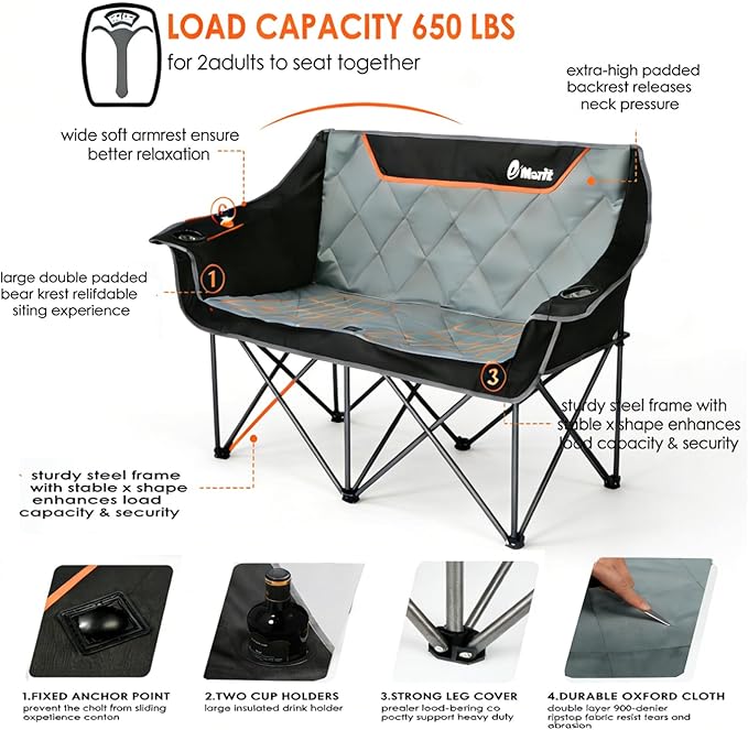 EMERIT Oversized Fully Padded Camping Chair Heavy Duty 650LB Folding Camping Loveseat Quad Fold Double Camping Couch with Cup Holders &amp Carry Bag for Outdoor Lawn Sports Events | HIgh Back Ri