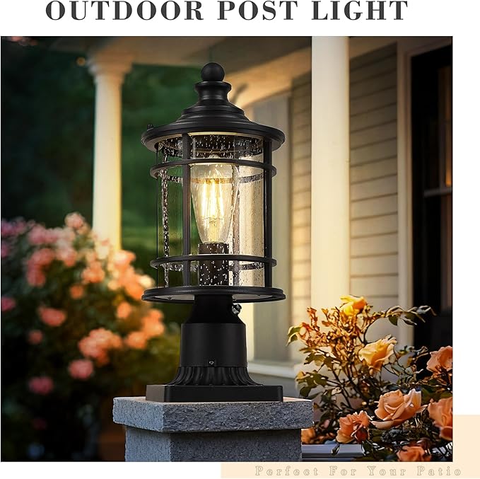 Emliviar 14.9 Inch Dusk to Dawn Outdoor Lamp Post Light Black Pole Light Fixture with Photocell Sensor Outdoor Post Lantern with Seeded Glass Shade XE229P PC BK