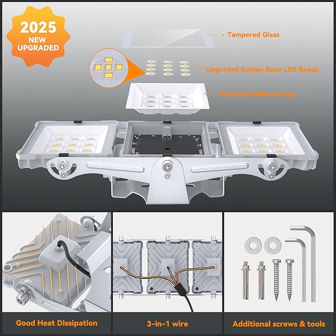 SOLLA 750W 2025 Plus New Upgraded LED Flood Light Outdoor 75000LM Super Bright Stadium Lights 6000K Daylight White IP66 Waterproof 3 Heads Adjustable Outdoor Floodlight for Yards Arena Garden