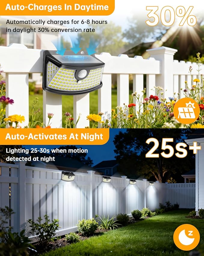 Aootek New Solar Motion Sensor Lights 120 LEDs with Lights Reflector270° Wide Angle IP65 Waterproof Step Lights for Front Door Yard Garage Deck (Black Daylight White 12-Pack)