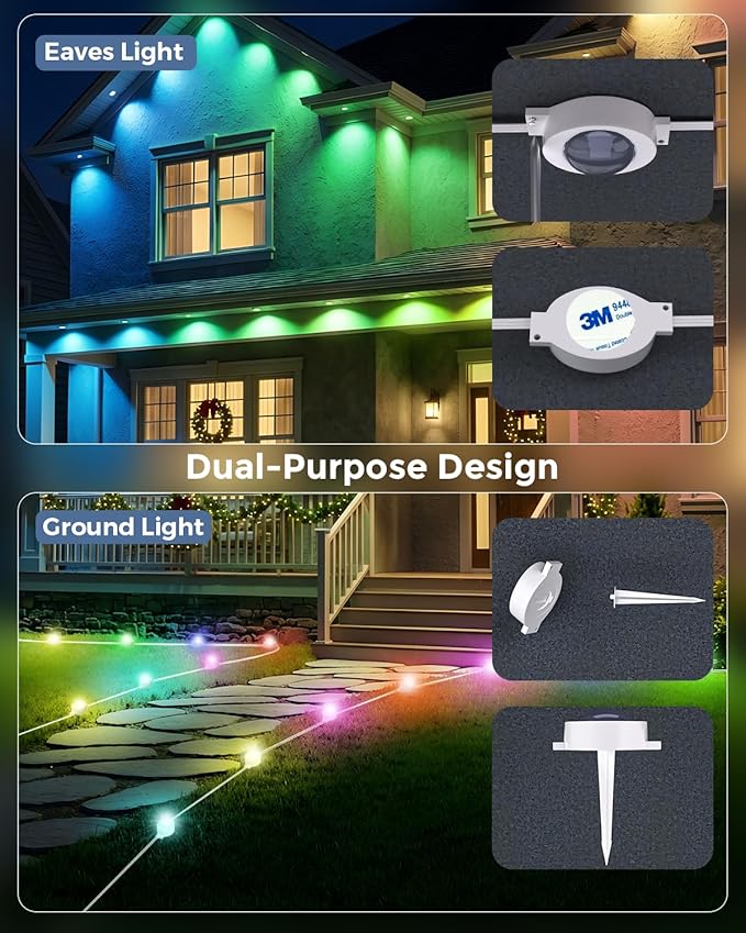 Permanent Outdoor Lights with Remote 100ft with 60 RGB-IC LED Lights for House Daily &amp Holiday Lighting  IP67 Waterproof 90+ Scene Modes for Outdoor Decor 2 in 1 Use for Eaves &amp Ground Lig