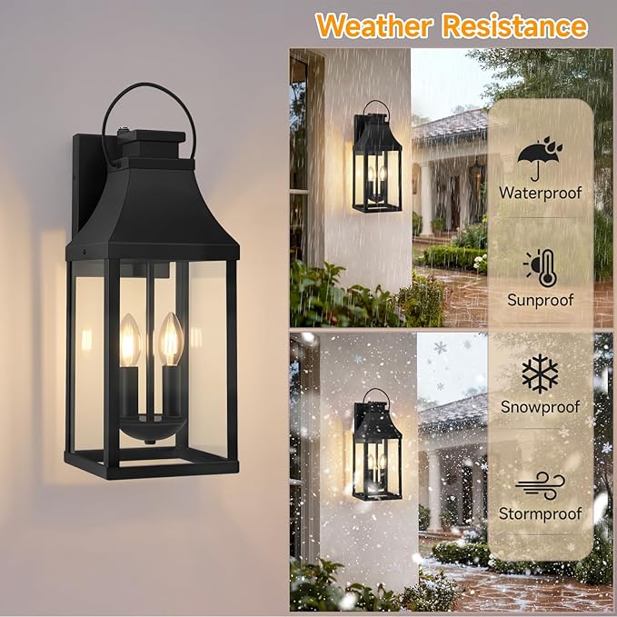 tewei Dusk to Dawn Outdoor Lighting Fixture 20'' Large Porch Lights Outdoor Sconce Lights 2-Light Black Exterior Lights for House Waterproof Outside Patio Lanterns for House Garage 2-Pack