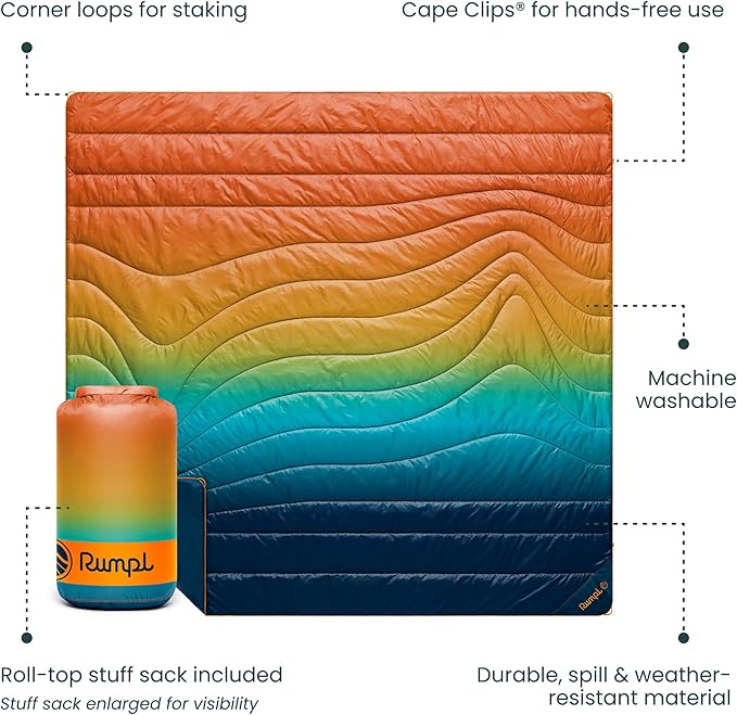 Rumpl Original Puffy Blanket - Warm Puffy Camping Blanket 100% Recycled Polyester Insulation Lightweight Packable Water-Resistant Outdoor Puffer Blanket 84x80 Baja Fade