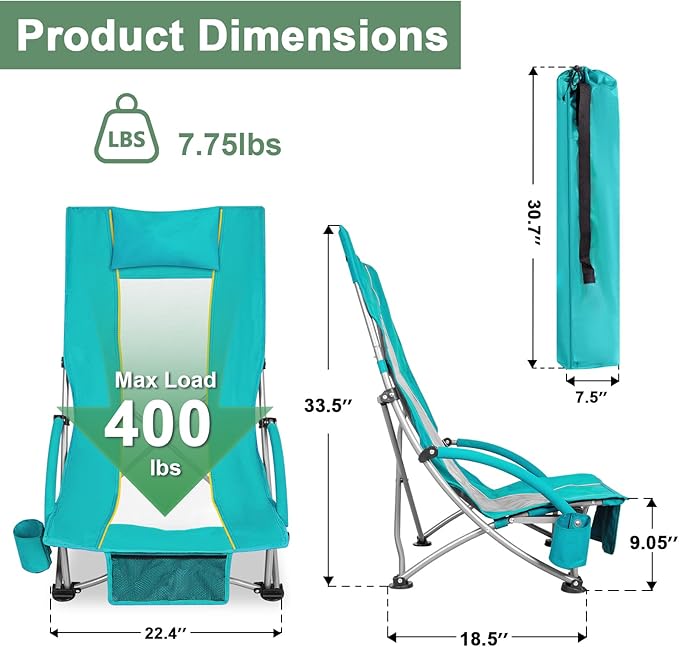 Romswi High Back Beach Chair Compact Lightweight Low Seat Camping Chair Fits in Suitcase 400lbs Heavy Duty Oversized Backpack Chair with Cup Holder &amp Storage Bag Green