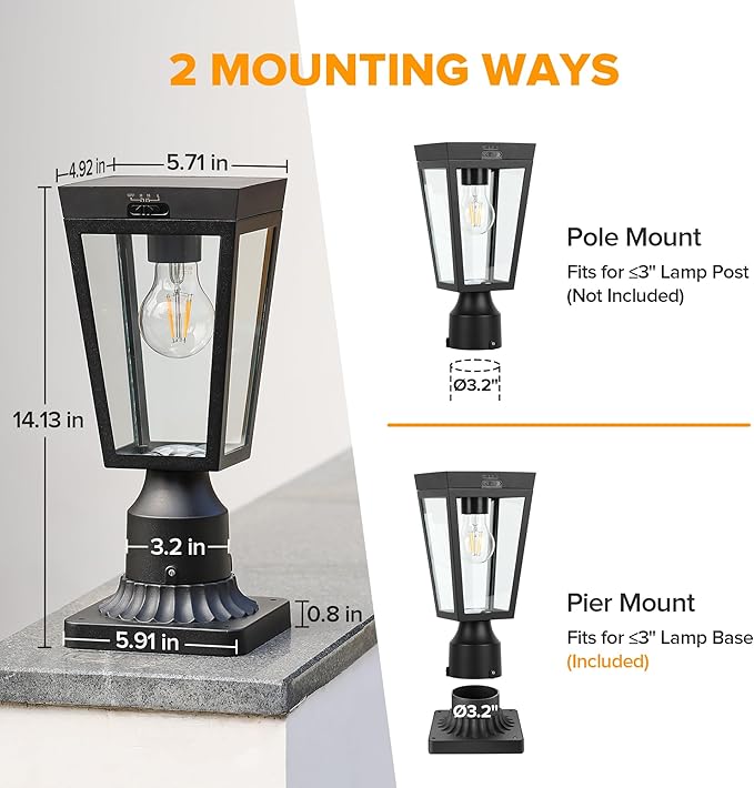 LUTEC Outdoor Solar Lamp Post Light with Pier Mount Base Dusk to Dawn Waterproof Post Light Fixtures Black Solar Powered Aluminum Post Lights for Outside
