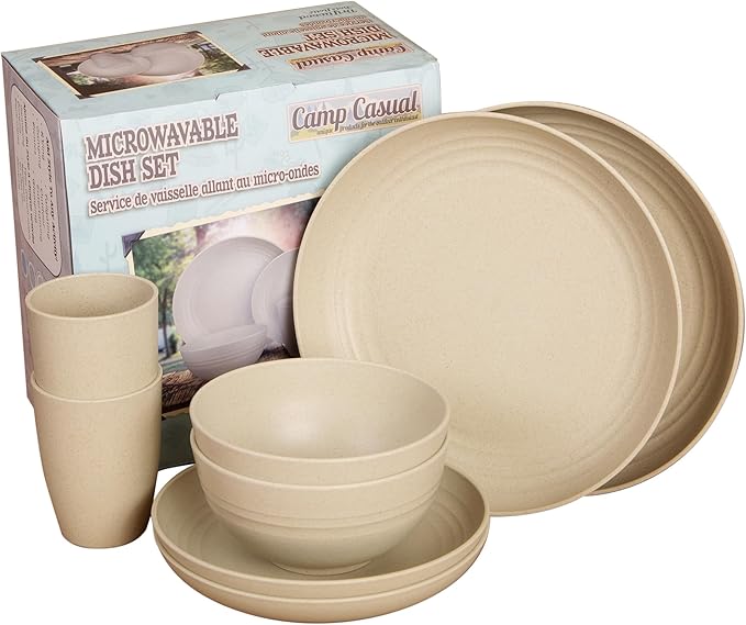 Camp Casual Camping Plates Cups and Bowls Set - 8-pc Wheat Straw Dinnerware Sets - 2 Bowls 2 Cups 2 Small &amp 2 Large Indoor/Outdoor RV Dishes - BPA Free Dishwasher &amp Microwave Safe (Drift wo