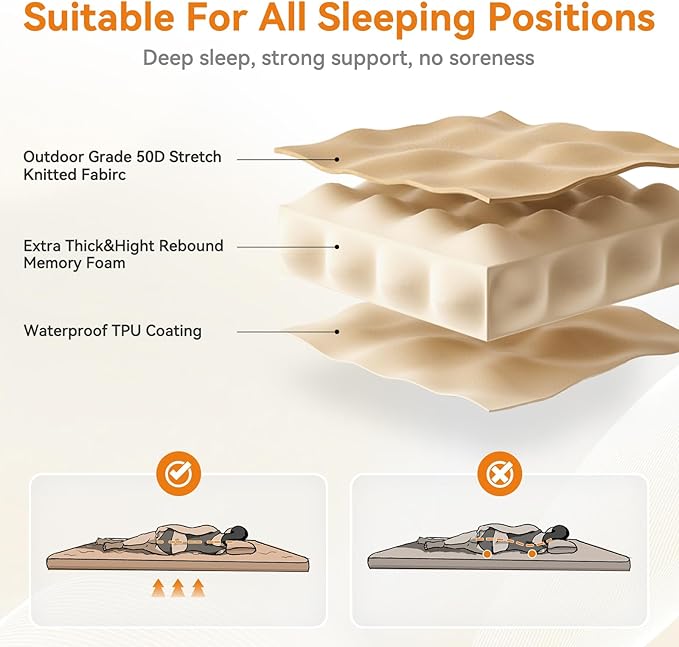 Self Inflating Sleeping Pad with Electric Pump 4 Ultra-Thick Memory Foam Single Sleeping Mats Easy Inflate&amp Deflate 9.5 R-Value Insulated Camping Mattress Pad for Camping Travel (Khaki)