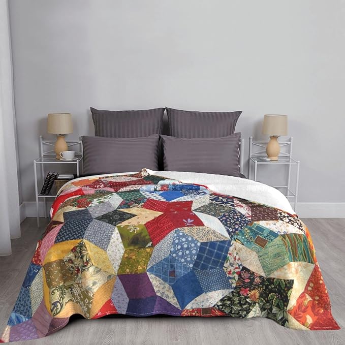 80X60 Wonky Star Quilt Lightweight Flannel Blanket - Soft and Breathable Polyester Suitable for Travel Camping and Home Decoration