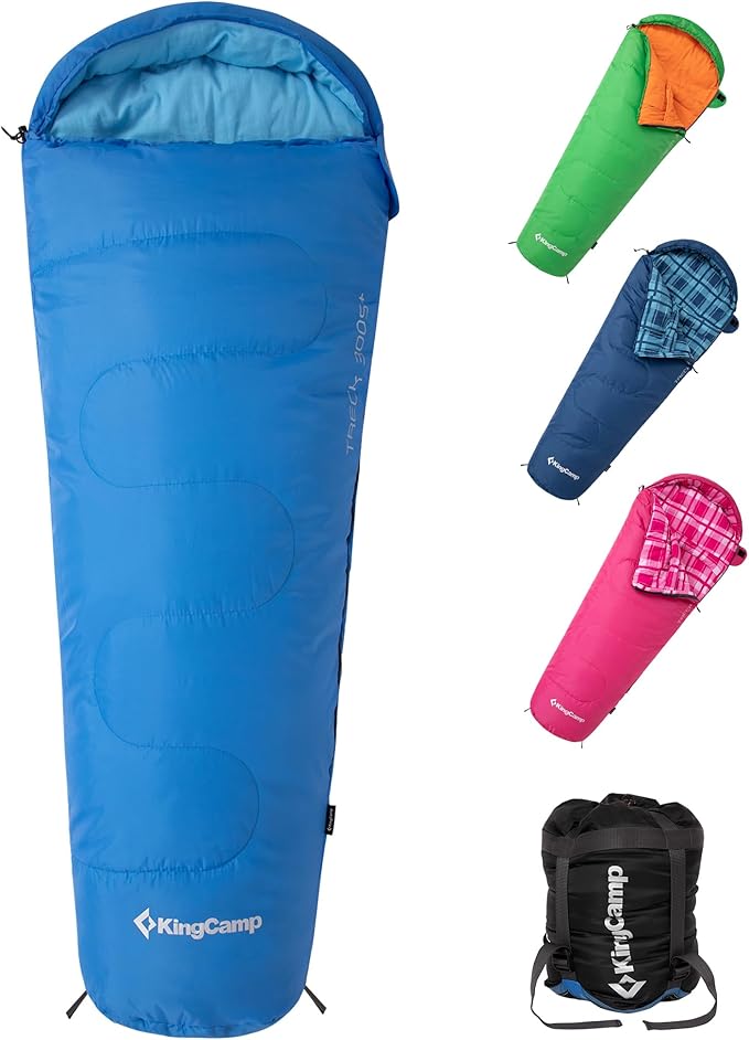 KingCamp 45°F Kids Sleeping Bag Lightweight Waterproof &amp Compact Flannel Sleeping Bags Cold Weather &amp Warm Youth Essentials Gear Accessories for Camping Fits 10-12 Children up to 4'7-5'5 T