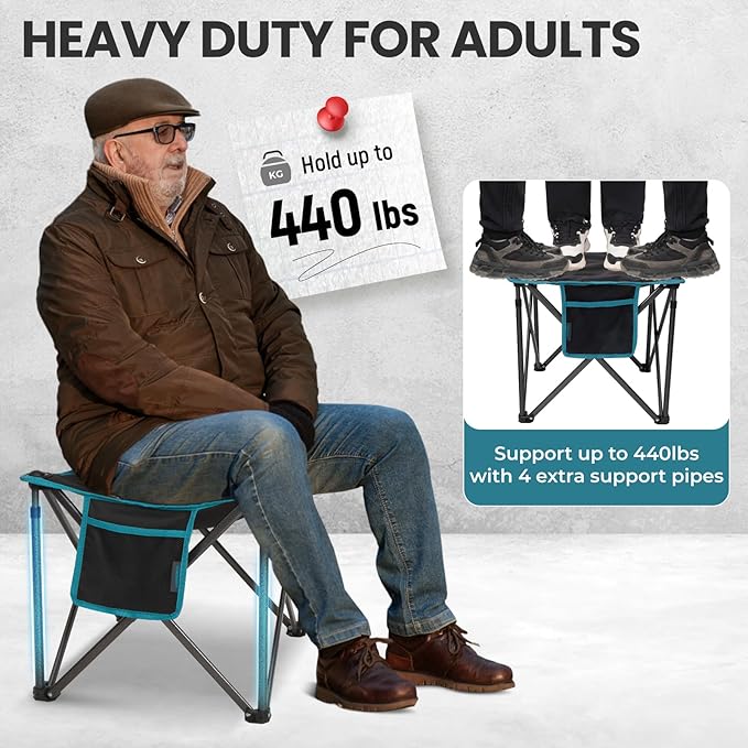 FUNDANGO Oversized Camping Stool for adults 2 Pack Thick Padded 18.1 Inch Folding Ottoman Foot Rest 440 Lbs Heavy Duty Outdoor Camp Chairs with Anti-Slip Foots &amp Carry Bag for Fishing Travel (Bl