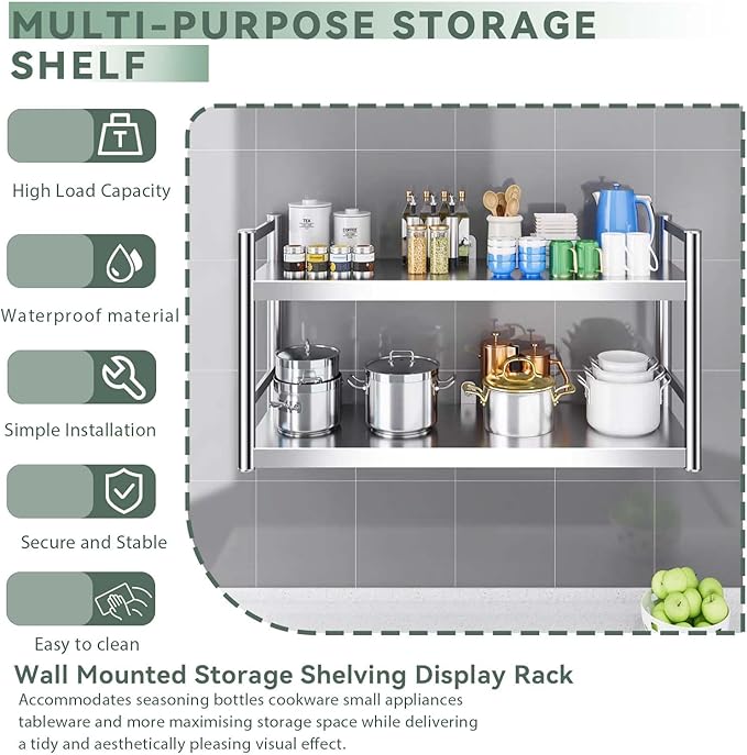 Stainless Steel 2 Tier Shelves with Guardrail for Kitchen Pantry Multi Purpose Organizer Shelf Wall Mounted Heavy Duty Storage Rack for Kitchen Appliances(90x35x75cm)