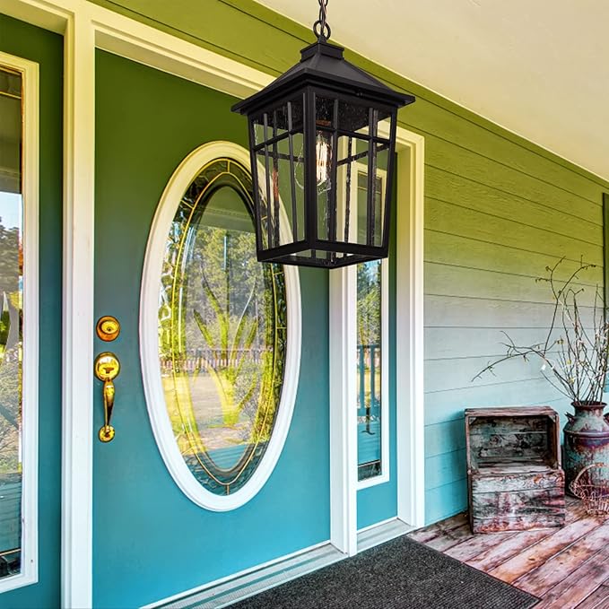 Darkaway Large Outdoor Pendant Light Fixture 16inch Outdoor Hanging Light Porch Lights Fixtures Anti-Rust Waterproof Aluminum with Seeded Glass for Porch Entryway Doorway Farmhouse (BlackLarge)