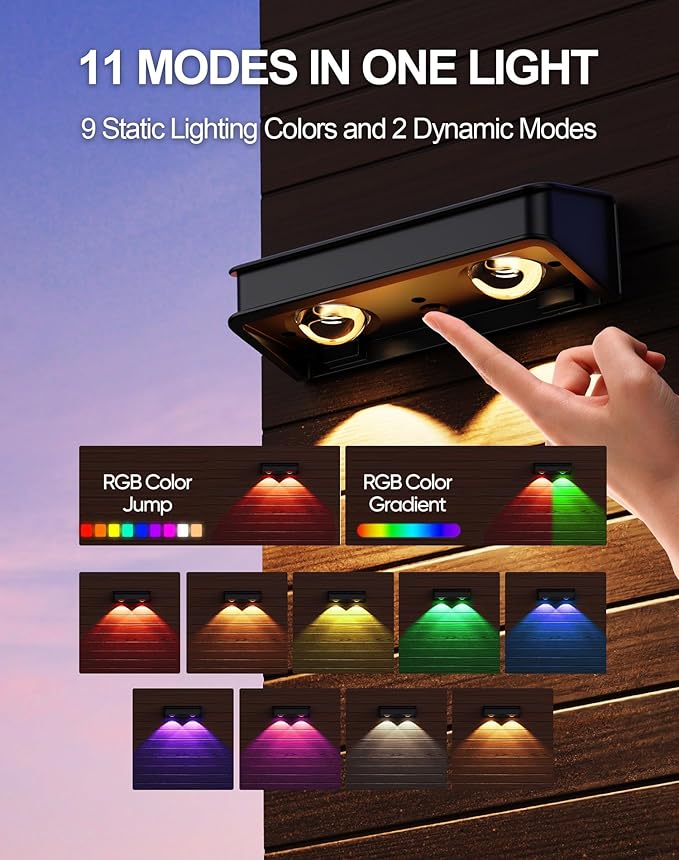 Solar Fence Lights 10 Pack 9 Color Modes Outdoor Bulb Waterproof Led IP65 Solar Outdoor Lights for Backyard/Railing/Step/Wall/Patio/Yard (Black)