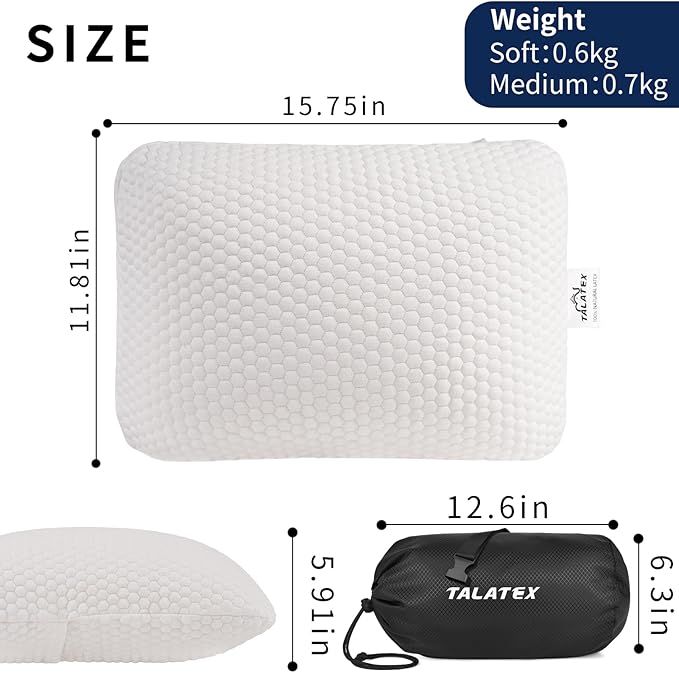Talatex 100% Natural Premium Talalay Latex Travel Pillow Camping Pillow Small Camping Pillow with Compressible Stuff Sack No Memory Foam Chemicals with Washable Cover (Soft Latex 1)